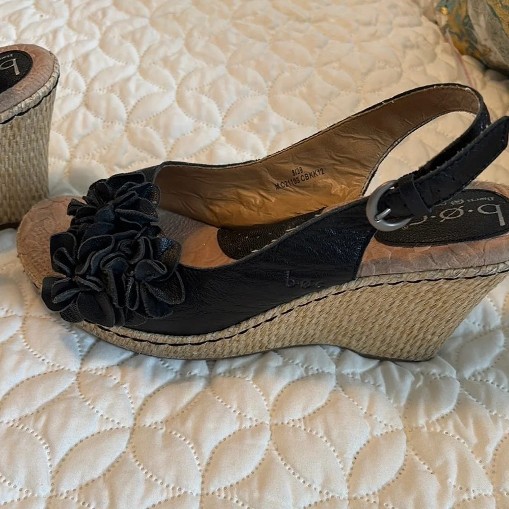 b.o.c. Black Espadrille Slingback 3.5” Straw Woven Heels Shoes Floral Sandals
